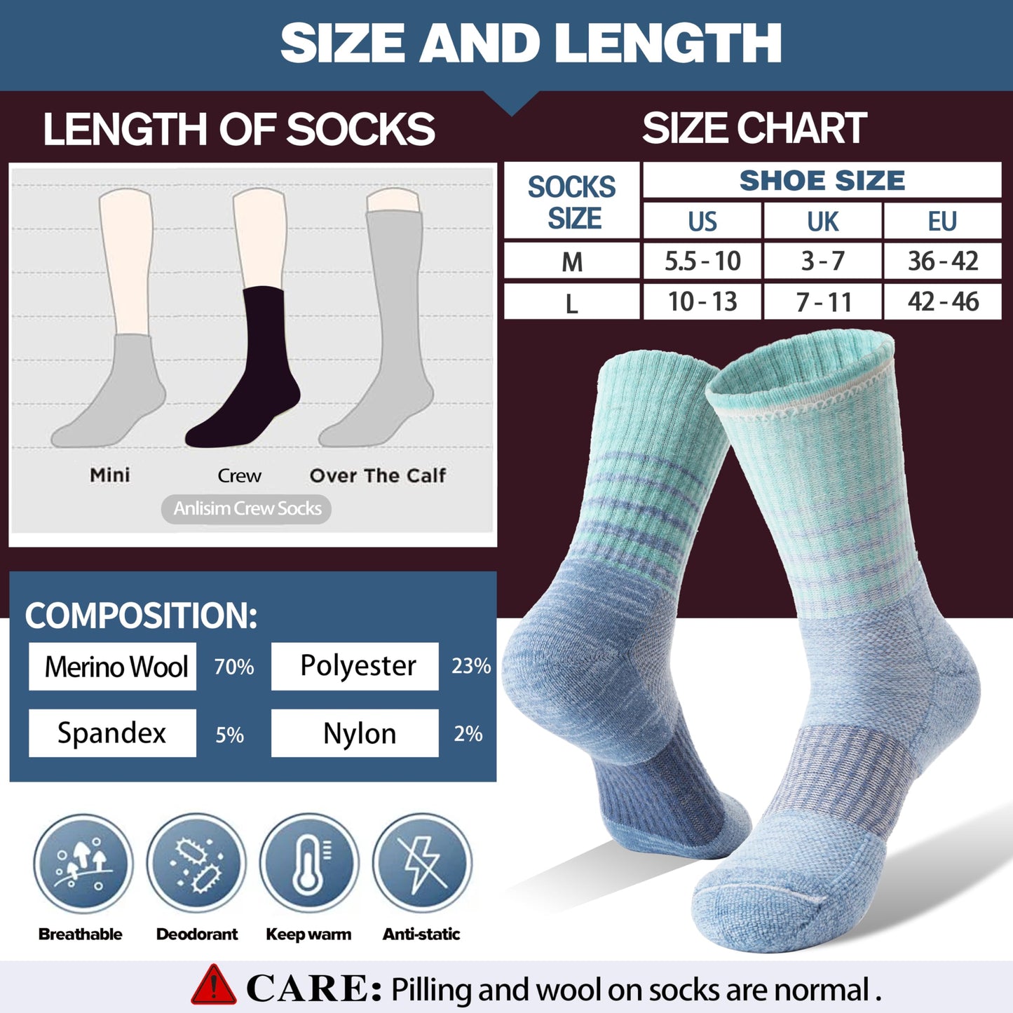 Anlisim Merino Wool Hiking Walking Thermal Socks for Women Winter Warm Boot Work Cushion Crew Socks 5 Pairs Gift Stocking Fillers(Assorted Stripes,M)