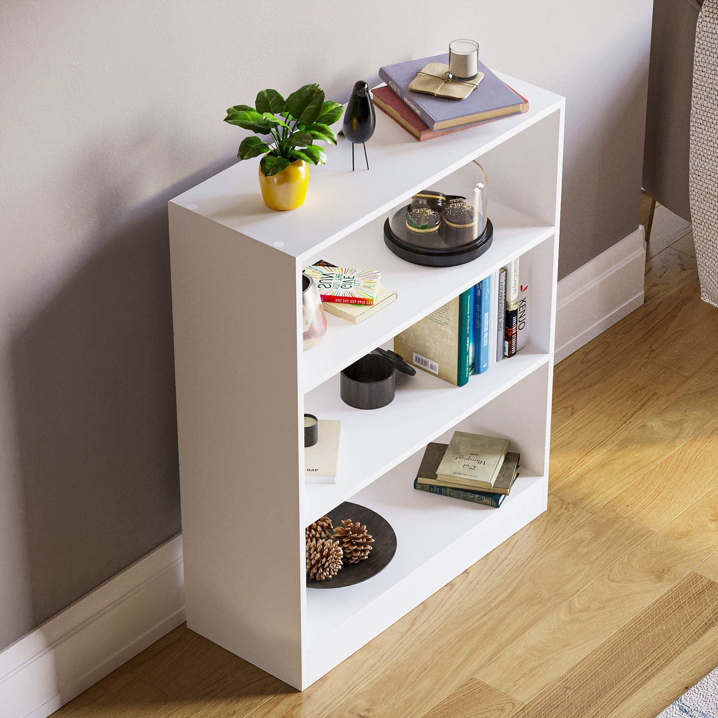 - Vida Designs Cambridge 3 Tier Low Bookcase, White Wooden Shelving Display Storage -