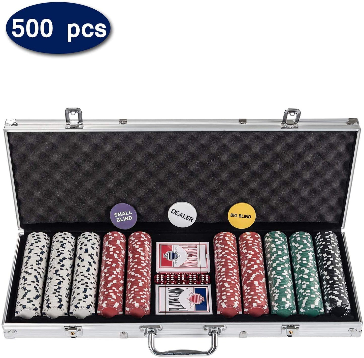- Display4top Texas Holdem Poker Chips Set | Aluminum Case | 2 Decks of Cards, Dealer, Small Blind, Big Blind Buttons and 5 Dice (500pcs) -