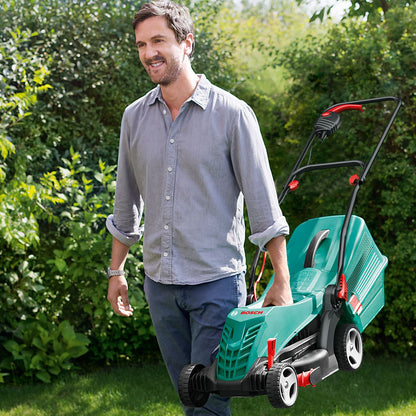 Bosch Home and Garden Rotak 34R Electric Lawnmower (1300 W, Cutting width: 34 cm, 20-70 mm adjustable cutting height, In carton packaging)