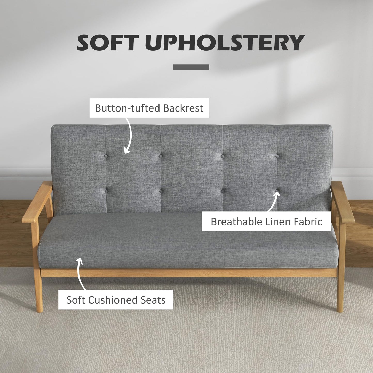 - HOMCOM Modern 3 Seater Sofa | Linen Fabric Upholstery Tufted Couch | Rubberwood Legs Dark -