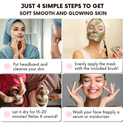 Clay Mask | Clay Face Mask | Premium Pack of 4(400g) With Bonus Headband & Brush | Turmeric Vitamin C Clay Mask For Face, Green Tea, Rose, Dead Sea Mud Mask | Deep Pore Cleansing & Brightening