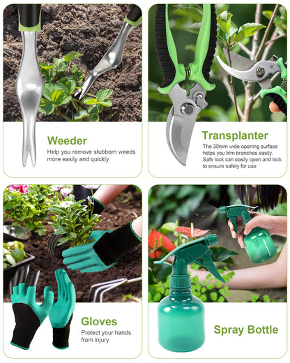 Bokhot Garden Tools Set Gardening Hand Tool Gift Kit with Heavy Duty Tool Bag for Easy Storage, Gardening Gifts for Outdoor Women & Men, Green (PG023)