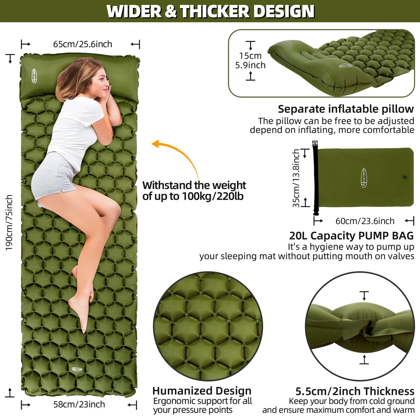 ACTIVE FOREVER Inflatable Camping Mat, Ultralight Sleeping Mat with Pillow and 20L Pump Sack, Waterproof Air Mattress Single Pad Bed for Outdoor Backpacking Hiking Beach, Army green