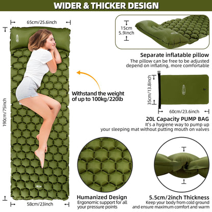 ACTIVE FOREVER Inflatable Camping Mat, Ultralight Sleeping Mat with Pillow and 20L Pump Sack, Waterproof Air Mattress Single Pad Bed for Outdoor Backpacking Hiking Beach, Army green