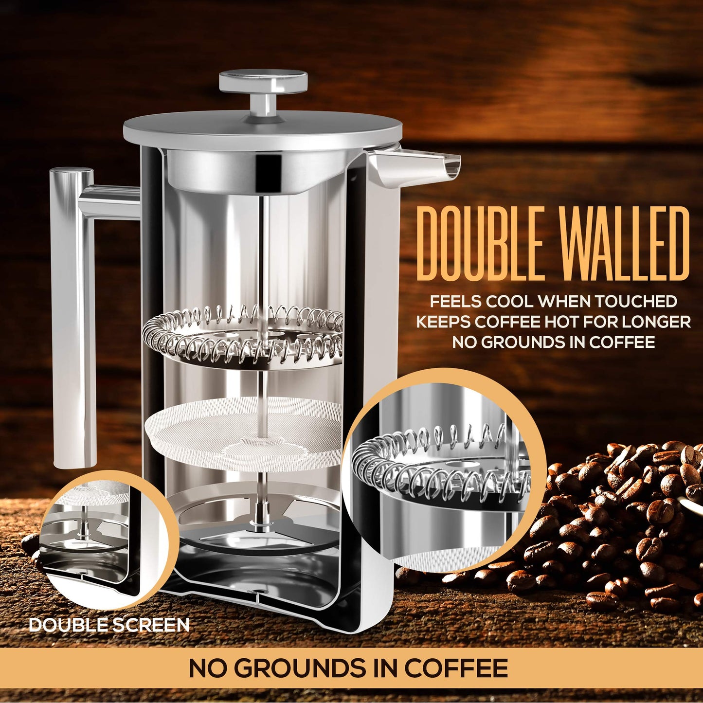 - KICHLY Cafetiere 8 Cup Stainless Steel French Press Coffee Maker | Coffee Press with 3 Level Filtration System -