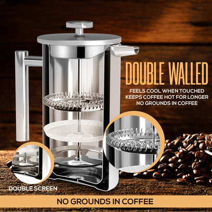 - KICHLY Cafetiere 8 Cup Stainless Steel French Press Coffee Maker | Coffee Press with 3 Level Filtration System -