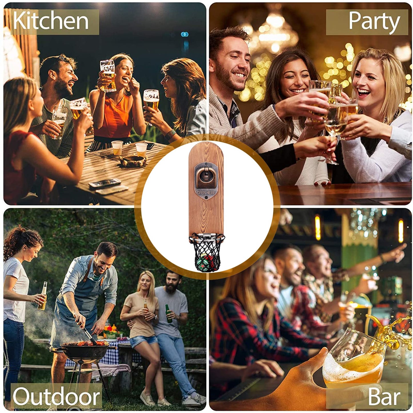 - ZONSUSE Magnetic Bottle Openers with Netting Catcher, Wall Mounted Wooden Beer Bottle Opener