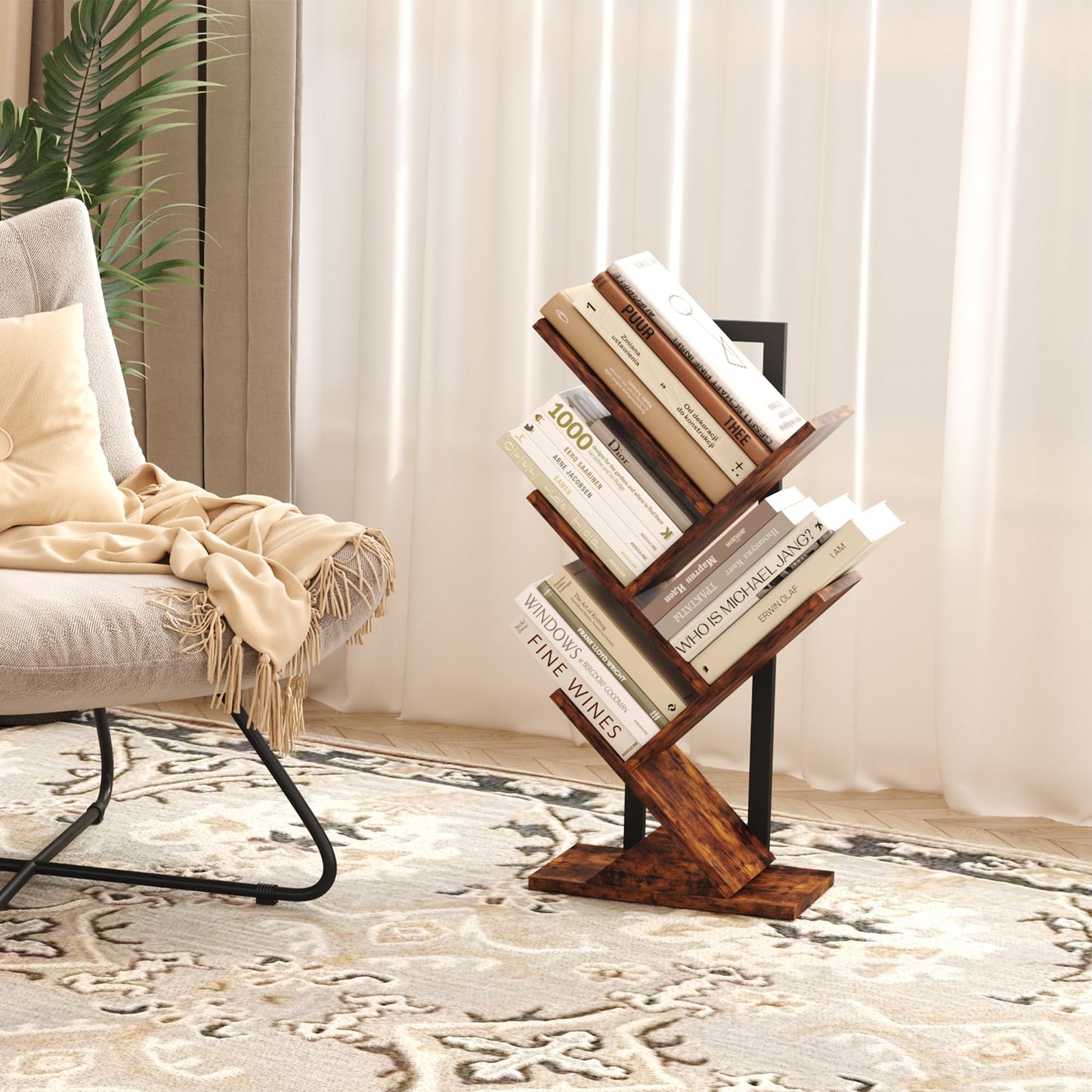 - Yusong Tree Bookshelf, 5-Tier Small Bookcase with Metal Frame, Geometric Floor Standing Books Shelves