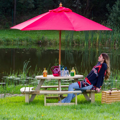 BrackenStyle Wooden Round Table with Bench and Parasol Hole - 1 Piece Furniture Outdoor Dining for Picnic, Garden, Patio, 8 People Seater with 1.8M Diameter (Green Pine)