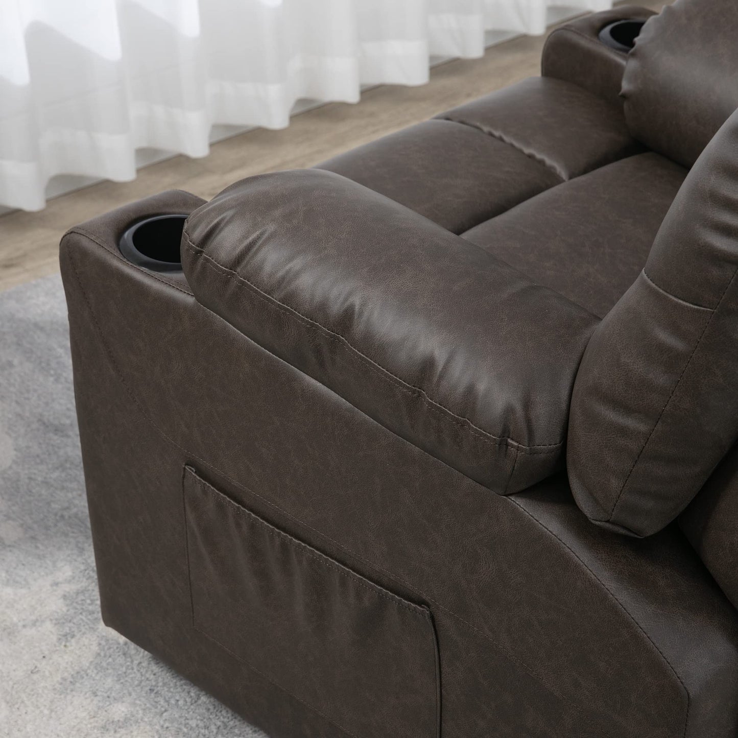 - HOMCOM Manual Recliner Chair | Overstuffed PU Leather Recliner Armchair | Footrest | Cup Holders | Side Pockets | 360° Swivel -