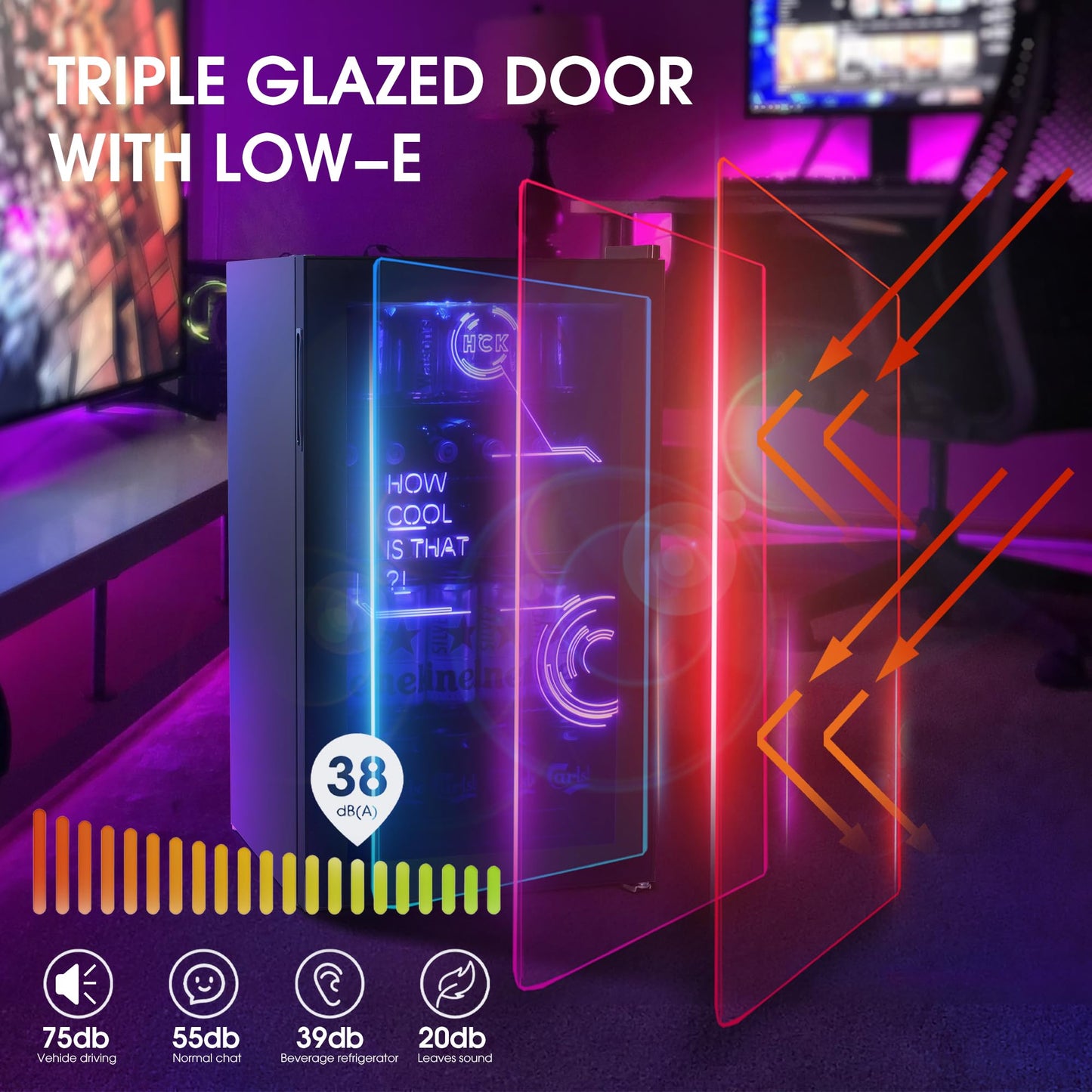 - HCK 98L Cyberpunk Mini Beer Fridge with Glass Door | Beverage Refrigerators | 0-10°C | Led Light -