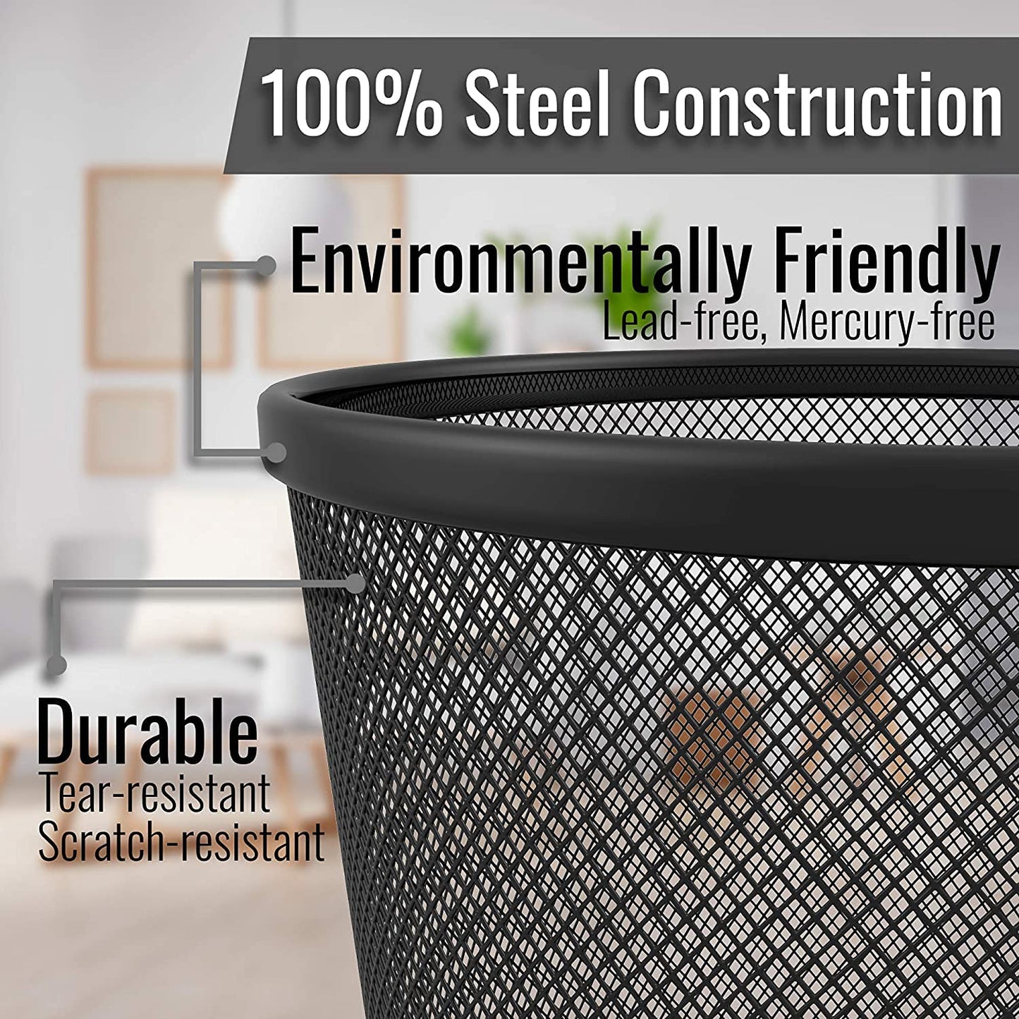 - Zuvo Mesh WasteBasket Black Metal Wire Garbage Trash Can For Office
