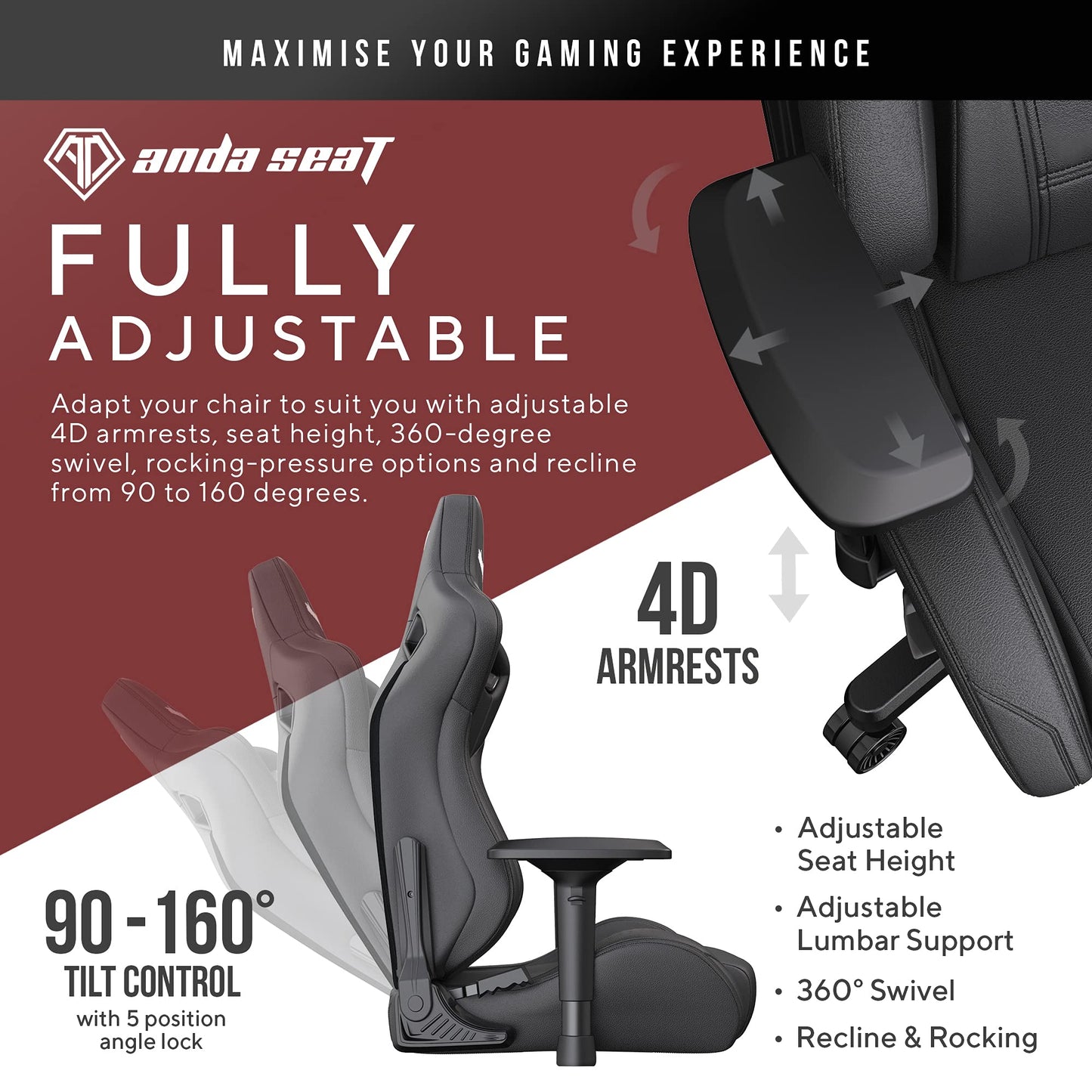 Anda Seat Kaiser 2 XL Gaming Chair - Ergonomic Reclining Video Game Chairs, PVC Leather Computer Home Office Chair, Heavy Duty Neck & Back Lumbar Support - Black Folding Recliner Seat for Adults