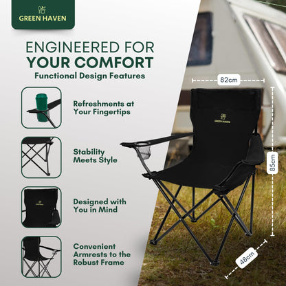 - Green Haven Camping Folding Chair | Black Lightweight Chair | 600D Polyester & Rip Stop | Heavy Duty Steel Frame Arm Chair with Cup Holder | Portable Chair for Outdoor & Camping -