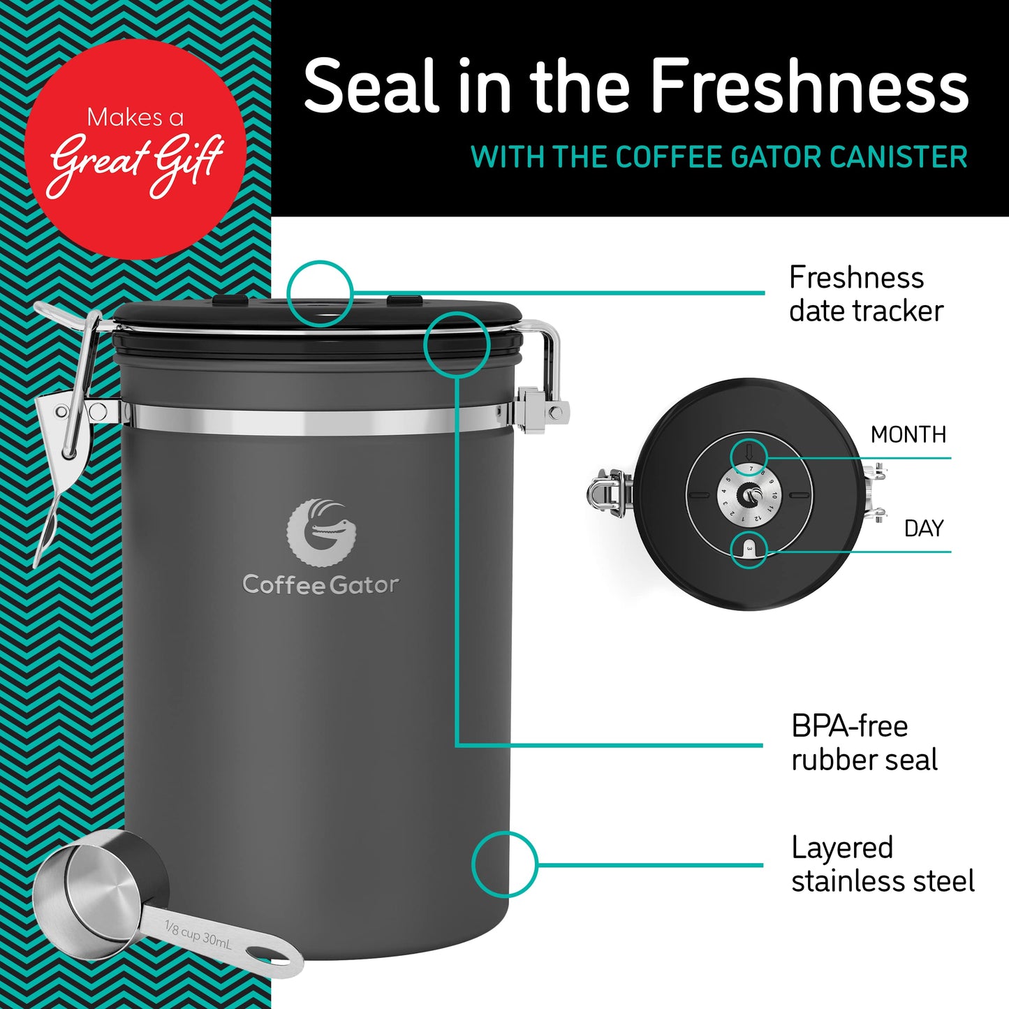 Coffee Gator Coffee Storage - Stainless Steel Tea and Sugar Containers - Canisters w/Date-Tracker, CO2 Valve for Freshness & Scoop - Large, Sliver