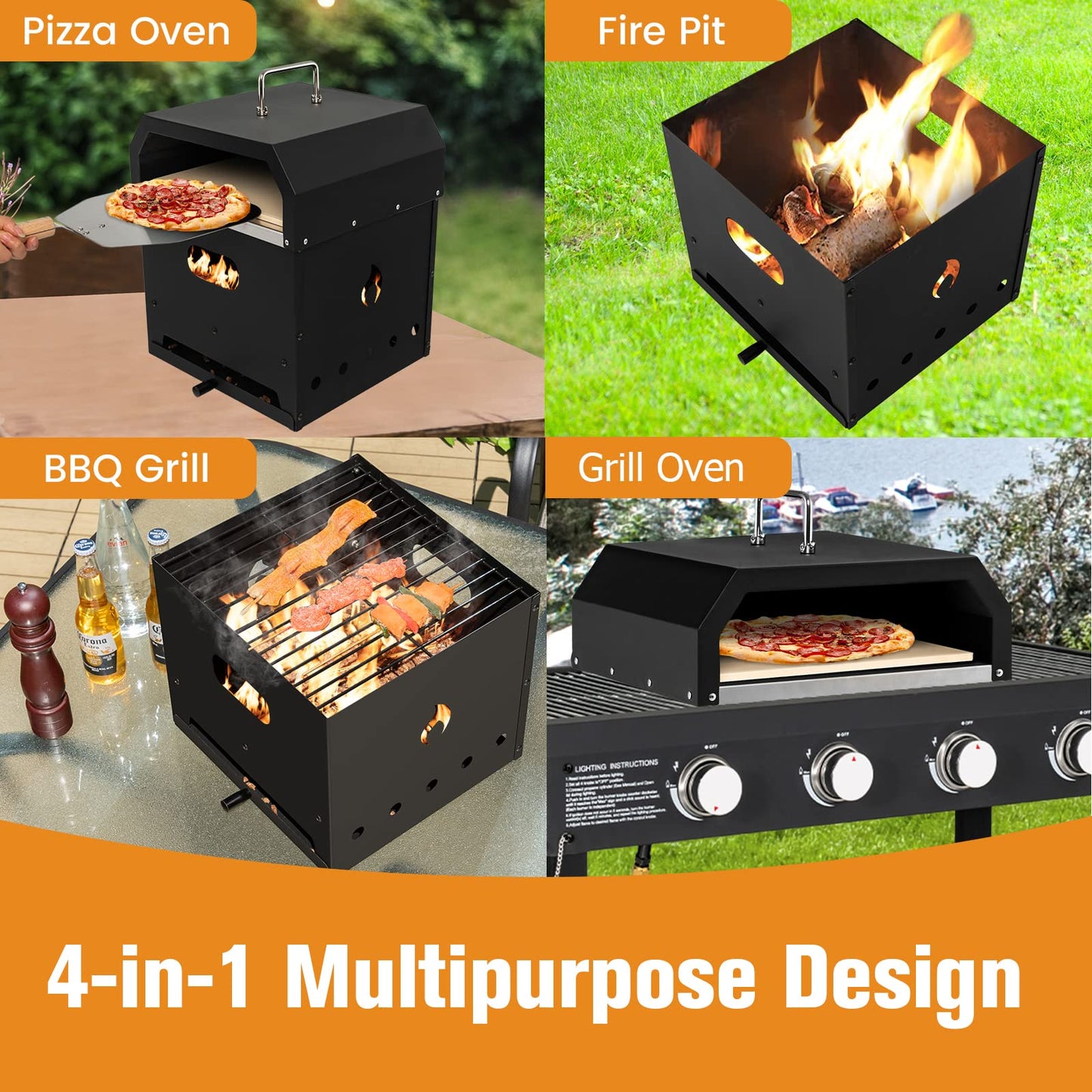 COSTWAY 4-in-1 Outdoor Pizza Oven, 2-Layer Detachable Grill Oven and Fire Pit With Pizza Stone, Pizza Peel, Cover & Cooking Grill Grate, Wood Fired Pizza Maker