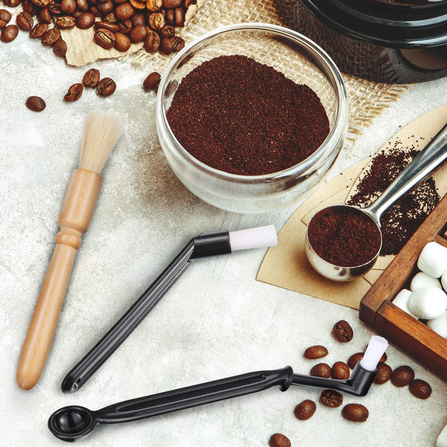 6 Pieces Coffee Machine Cleaning Brush Set Machine Cleaning Brush Tool with Spoon, Coffee Grinder Cleaning Brush, Wood Handle and Soft Bristles Wood Brush for Coffee Machine Group Head