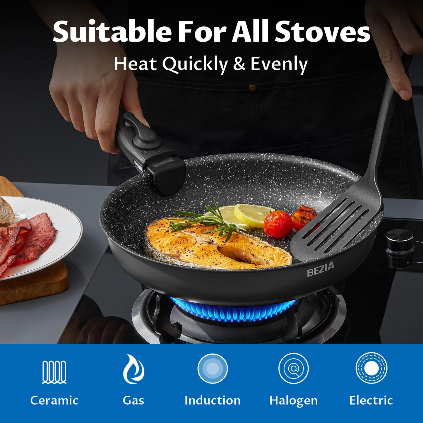 BEZIA Induction Hob Pans Set, Nonstick Pots and Pans Set 10 Pieces, Saucepan Sets with Detachable Handles, Stackable Cookware Set for All Hobs