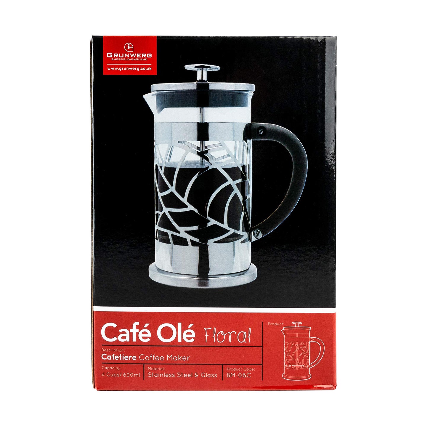 Café Olé BM-03C Floral Cafetière, 350ml 1 Cup 18/10 Stainless Steel French Press Coffee Maker, Silver