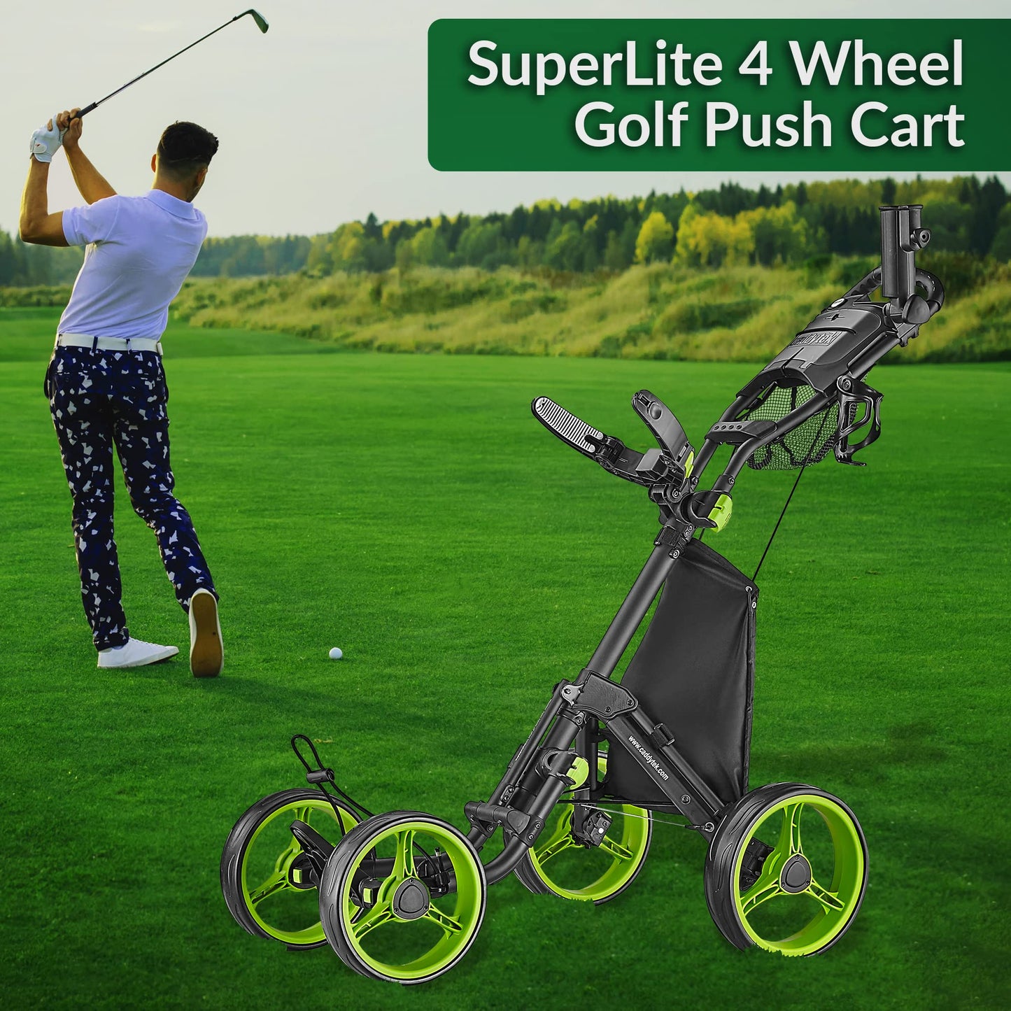 Caddytek 4 Wheel Golf Push Cart - Compact, Lightweight, Close Folding Push Pull Caddy Cart Trolley - Explorer V8, lime, one size