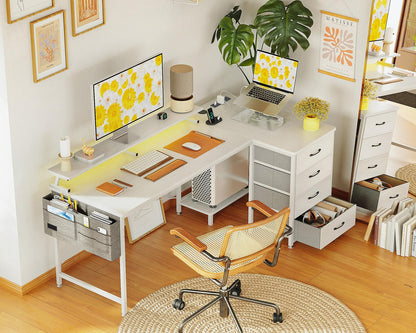 - ODK Corner Desk with Drawers | L Shaped Computer Desk | USB Charging Port -