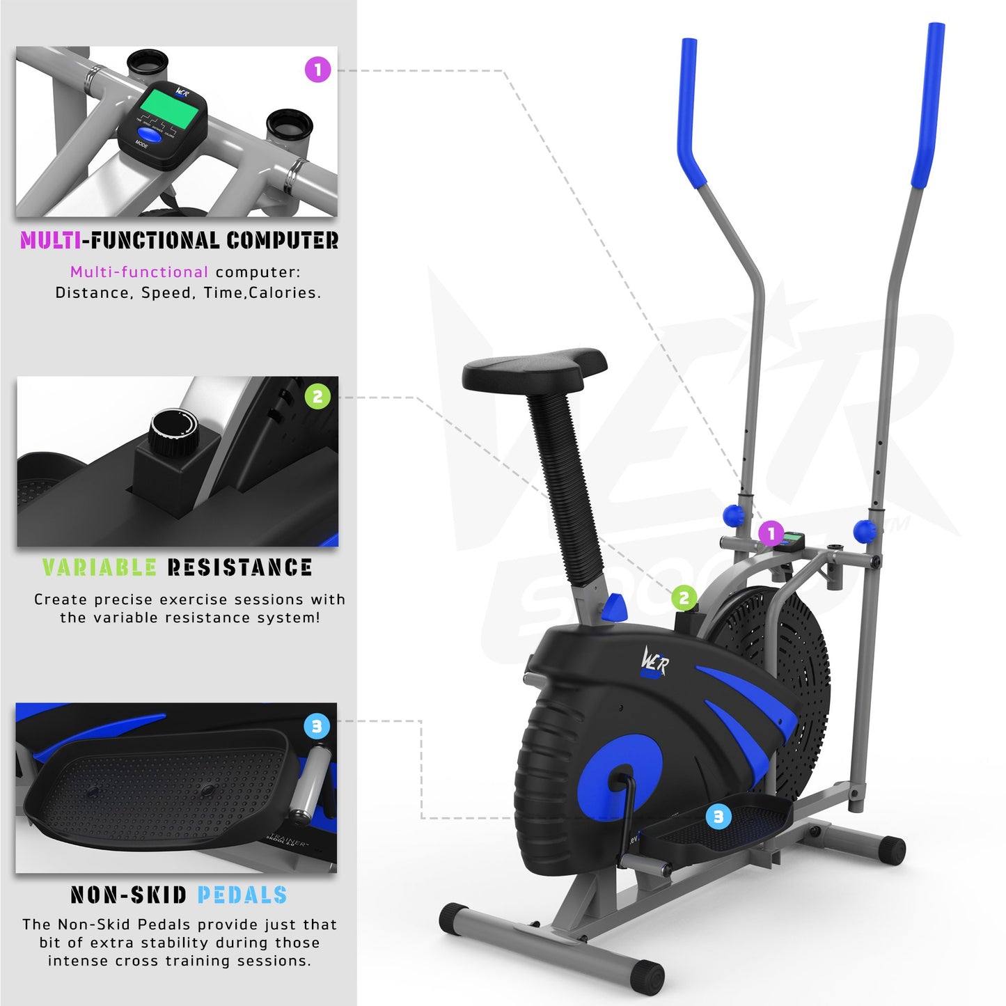 - We R Sports 2-IN-1 Elliptical Cross Trainer & Exercise Bike Home Fitness Cardio Workout Machine (Blue)