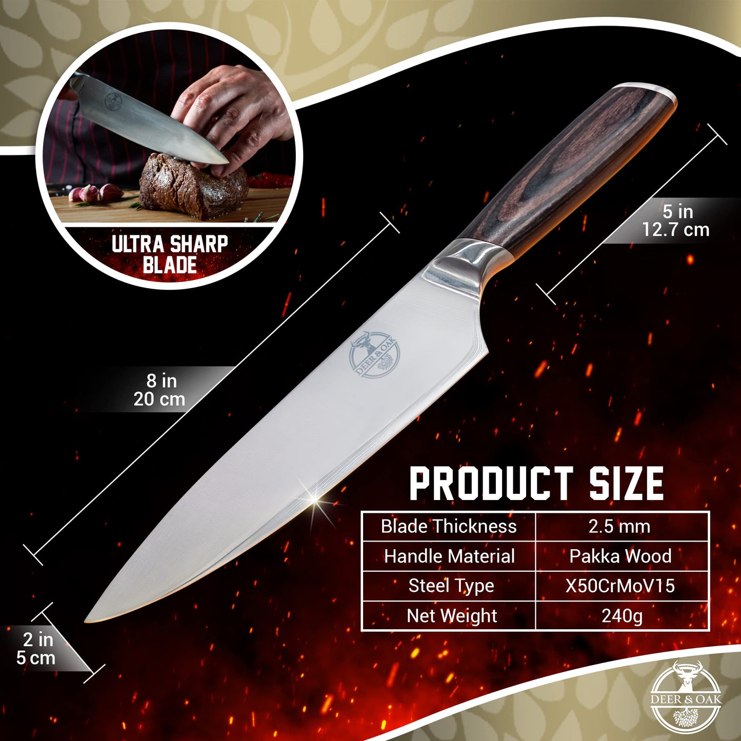 Deer & Oak 8" Chef Knife - 1 x Chef Kitchen Knife Made of Premium German Stainless Steel - Chef's Knife for Professional & Domestic Use - Sharp Chefs Knife - Perfectly Balanced Blade