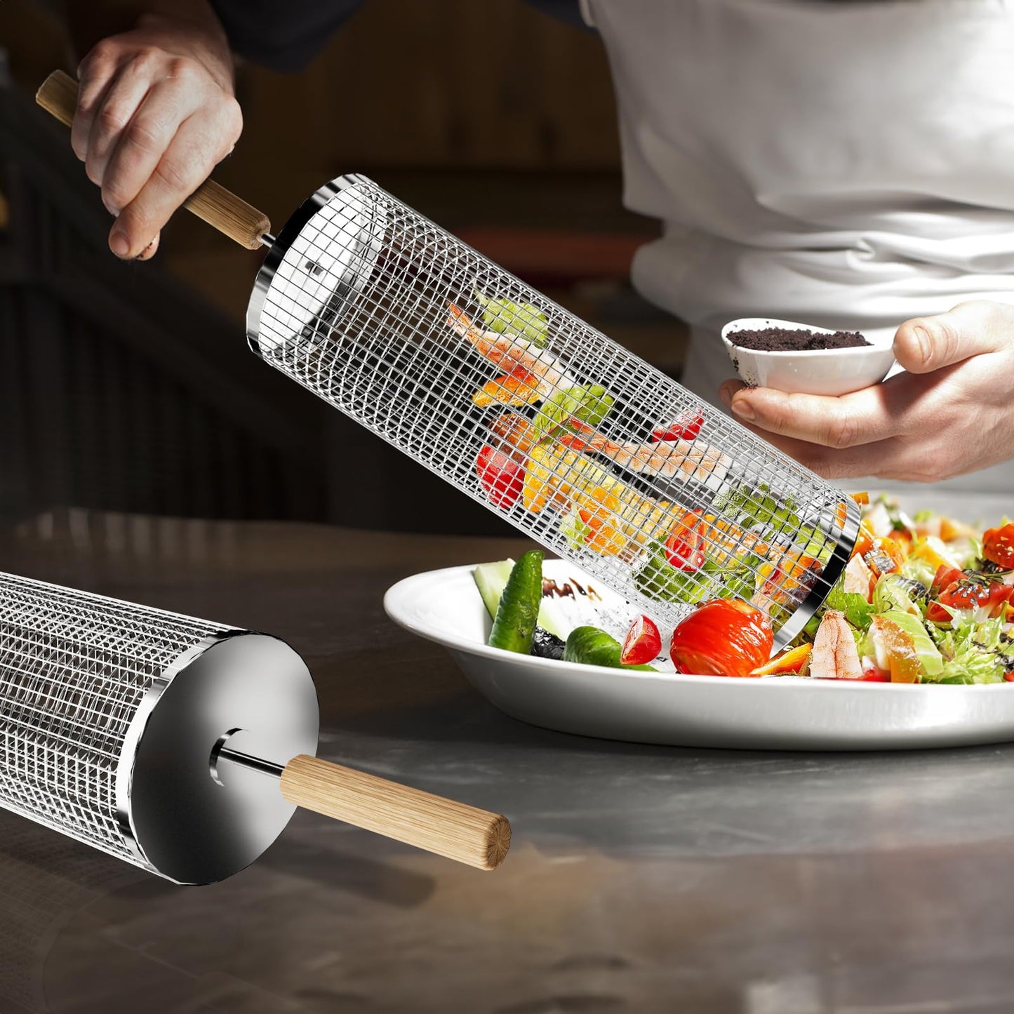 - Nesting Grill Baskets (2PCS) | Removable Wooden Handle | 304 Stainless Steel -