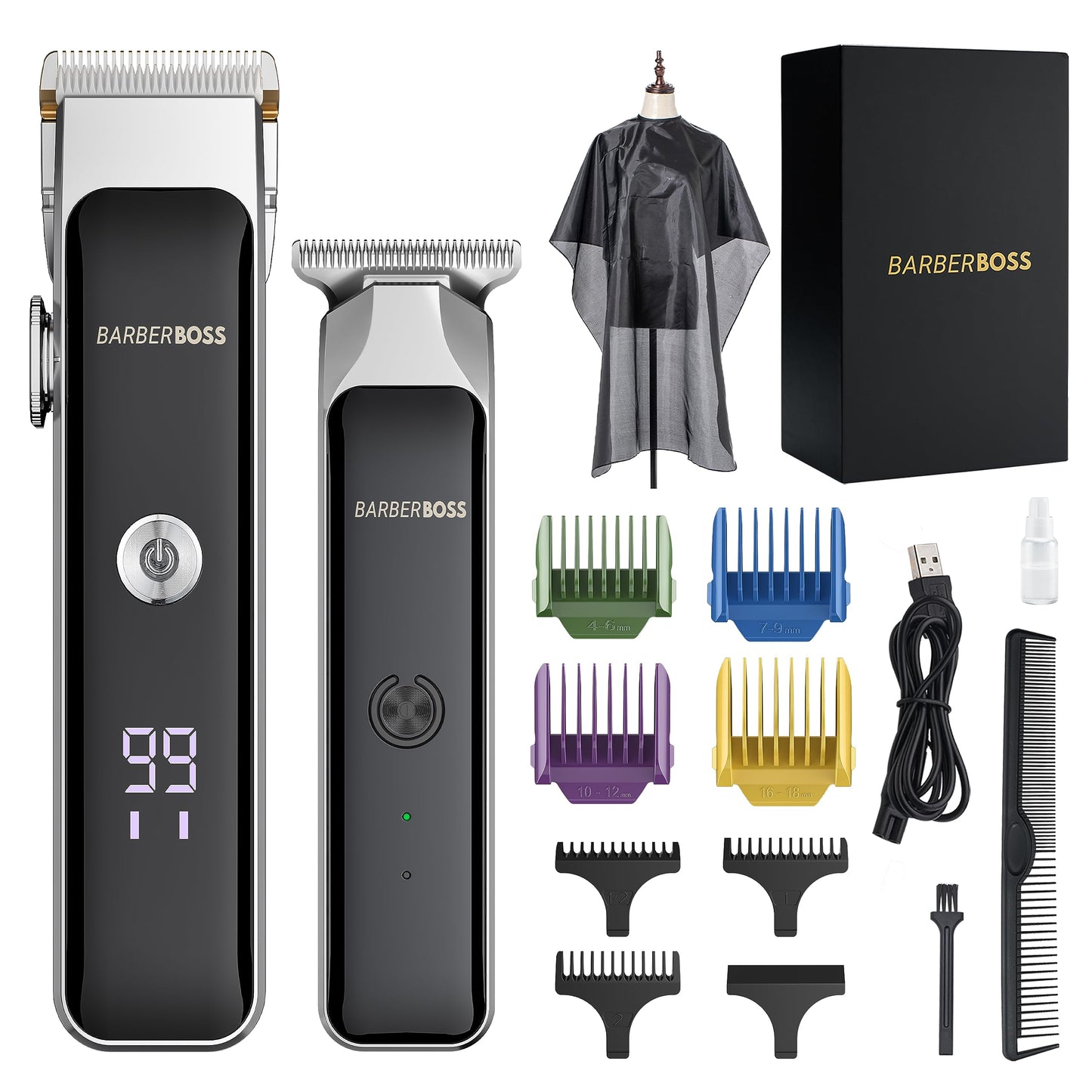 BarberBoss Portable Beard Trimmer Men, Professional Facial Groomer, Men’s Hair Clippers, Self-Sharpening Ceramic Blade, Precision Dial, USB Charging, Red/Green & LED Indicator, QR-2682