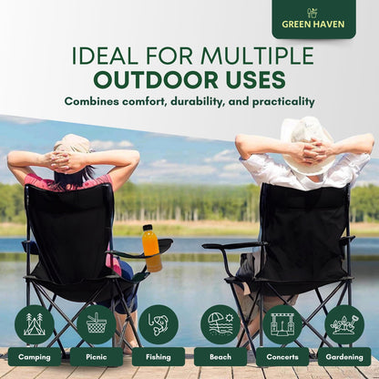 - Green Haven Camping Folding Chair | Black Lightweight Chair | 600D Polyester & Rip Stop | Heavy Duty Steel Frame Arm Chair with Cup Holder | Portable Chair for Outdoor & Camping -
