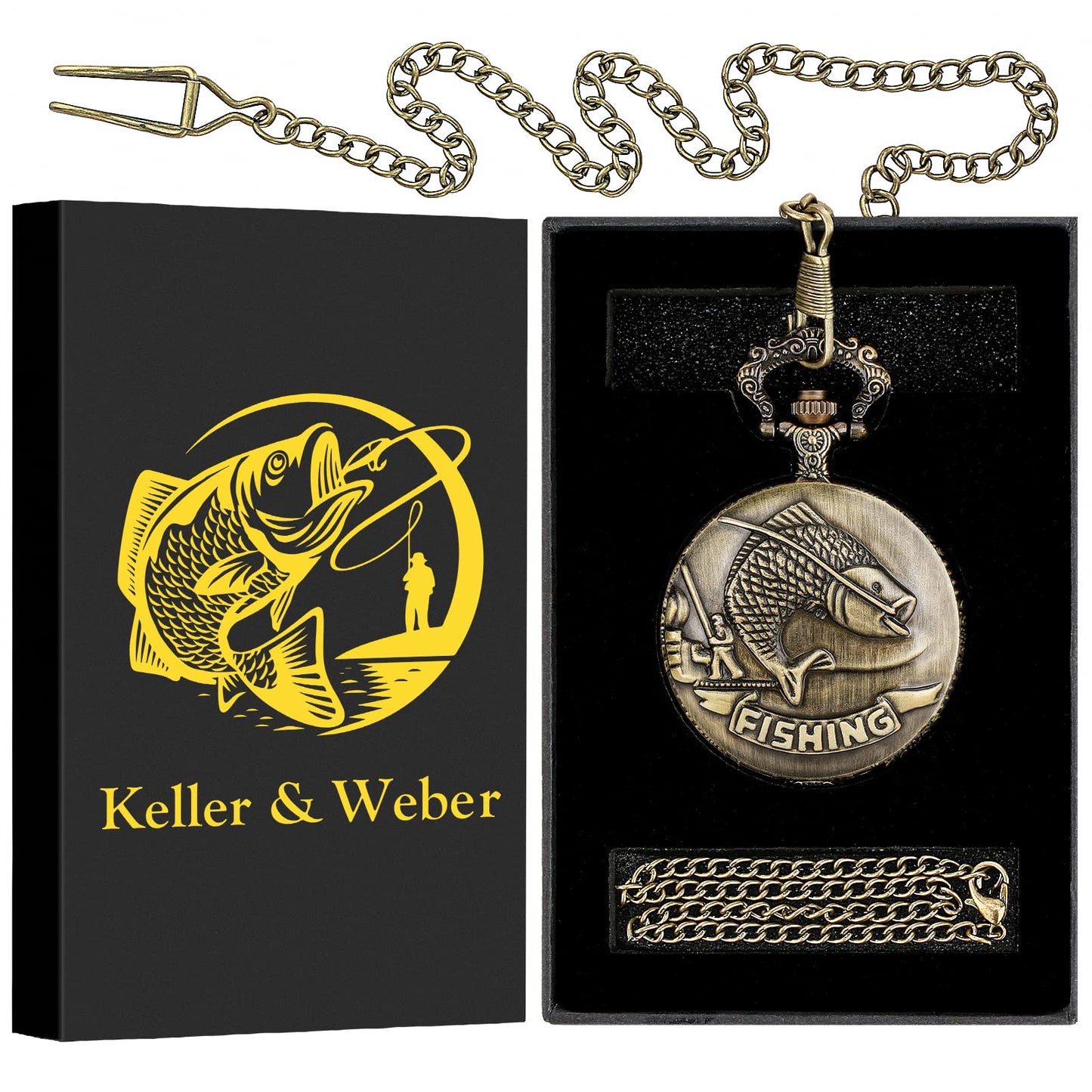 - Keller & Weber Vintage Fishing Pocket Watches for Men | FOB Pocket Watch with Chain -