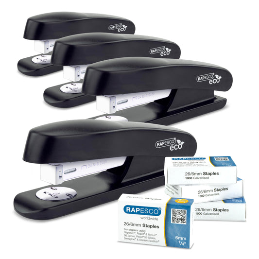 - Rapesco 1756 Business Pack | 4 ECO Half Strip Staplers | 4 Boxes of 1000 26/6mm Staples -