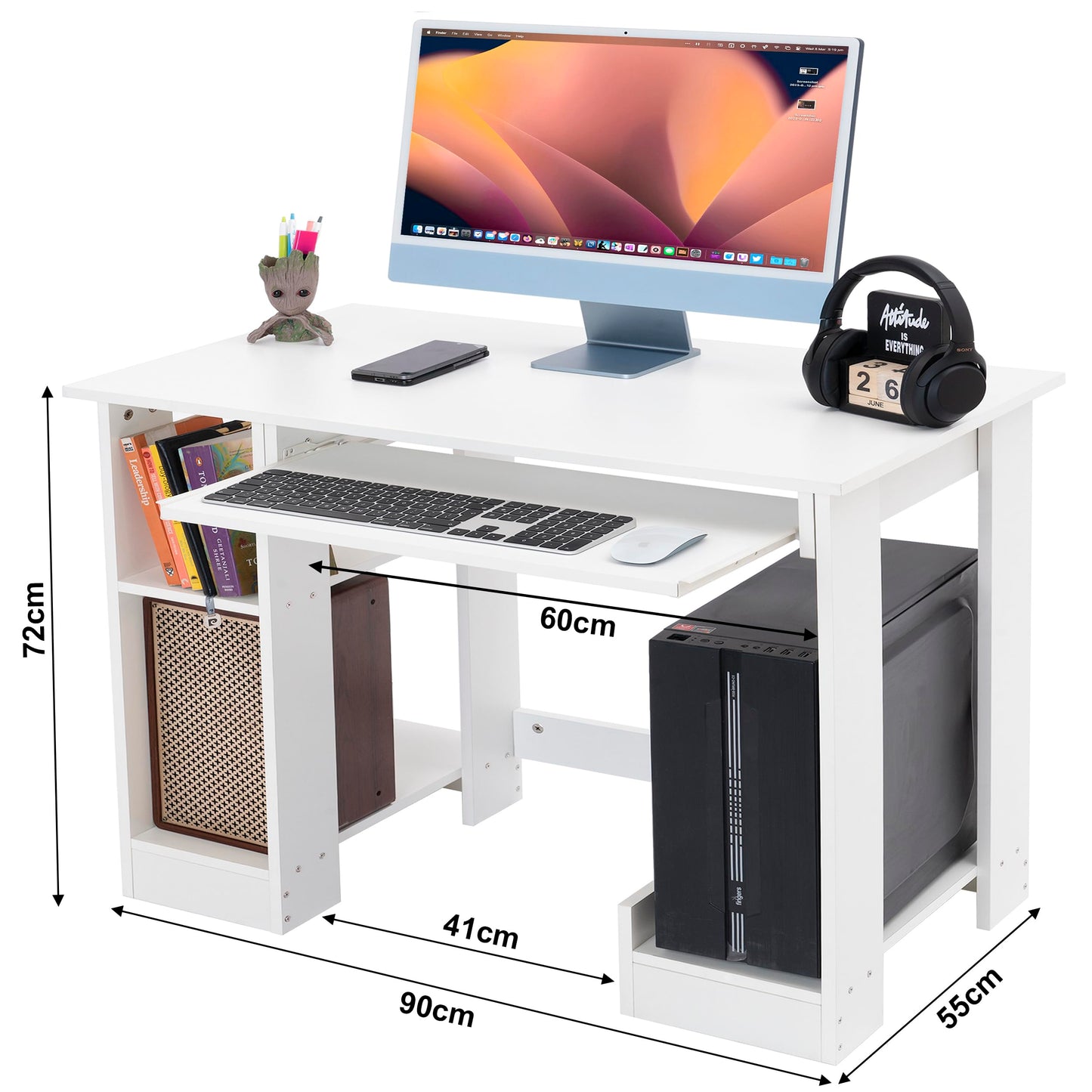 Blisswood Home Office Desk, White Computer Desk With Shelves & Sliding Keyboard Tray PC Laptop Table For Writing Workstation Bedroom Study Furniture (90 x 55 x 72CM)