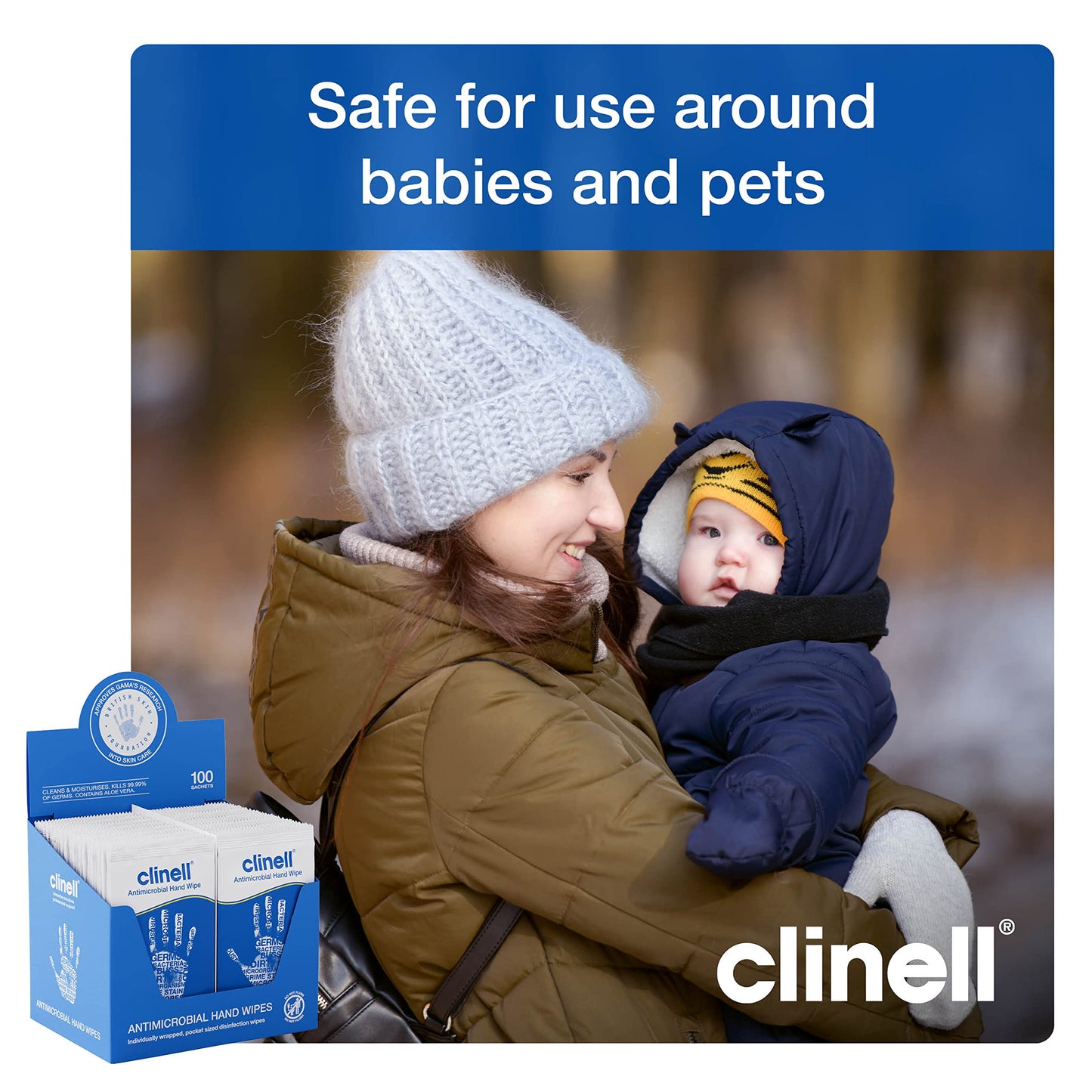 Clinell Antimicrobial Hand Wipes - Pack of 100 Individually Wrapped Sachets - Sanitising Wipes, Ideal for Travel - Dermatologically Tested, Kills 99.99% of Germs