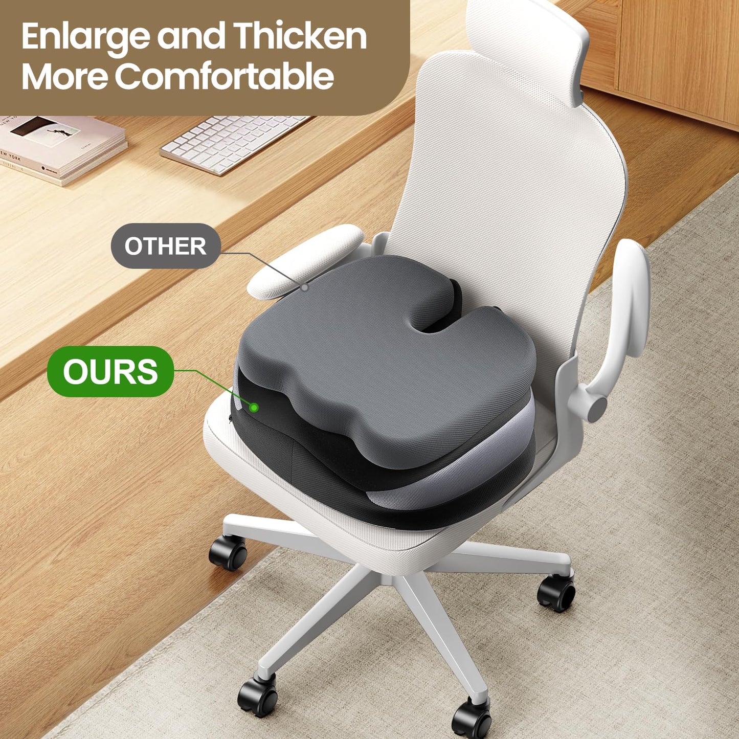 Benazcap Large Seat Cushion for Office Chair Memory Foam Coccyx Pain Relief Cushion Pillow for Office Desk, Car Seat, Wheelchair, Sciatica