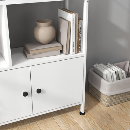 4 Tier Bookcase, Large Steel Frame Bookcase Wooden Cube Shelves Tall Storage Shelf Cupboard Organizer Display Industrial Style Free Standing Unit for Living Room, Office (White, 4 Tier with 2 Doors)