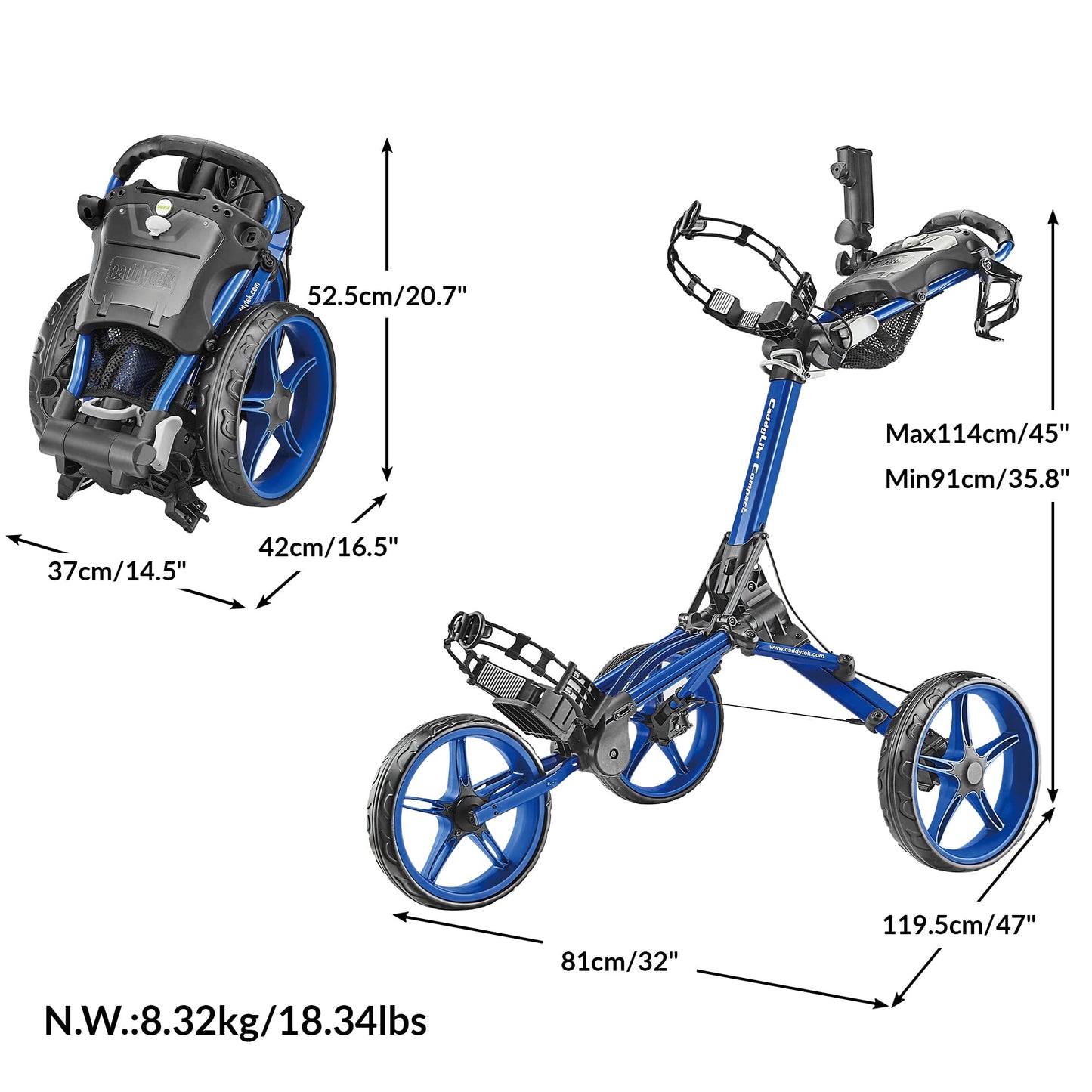 CaddyTek CaddyLite Compact Semi-Auto Folding and Unfolding Golf Push Cart, Blue, One Size