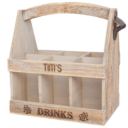 - Personalized Wooden Oak Beer Caddy | 6 Bottle Holder with Built-in Opener | Ideal Beer & Wine Gift Carrier -