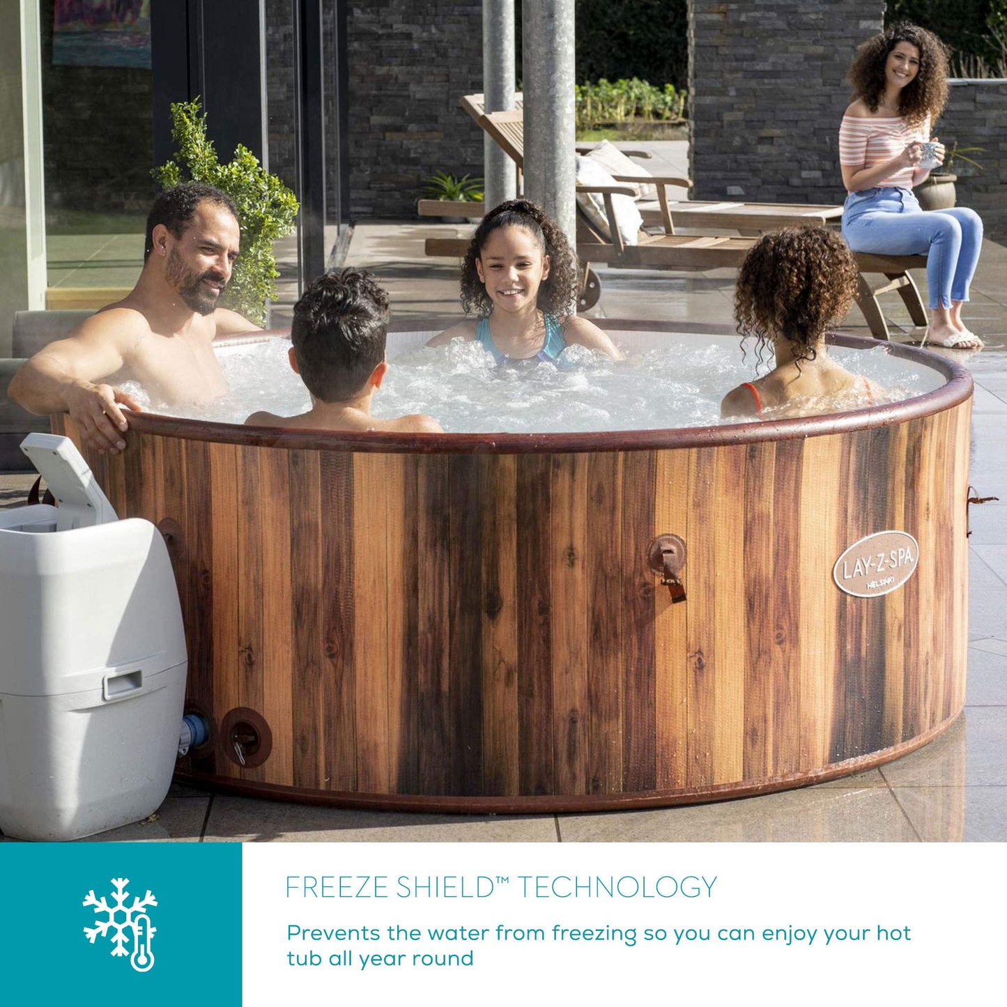 - Lay-Z-Spa 60025 Helsinki Hot Tub | 180 AirJet Wood Effect | Inflatable Spa | Freeze Shield Technology | Rapid Heating | 5-7 Person -