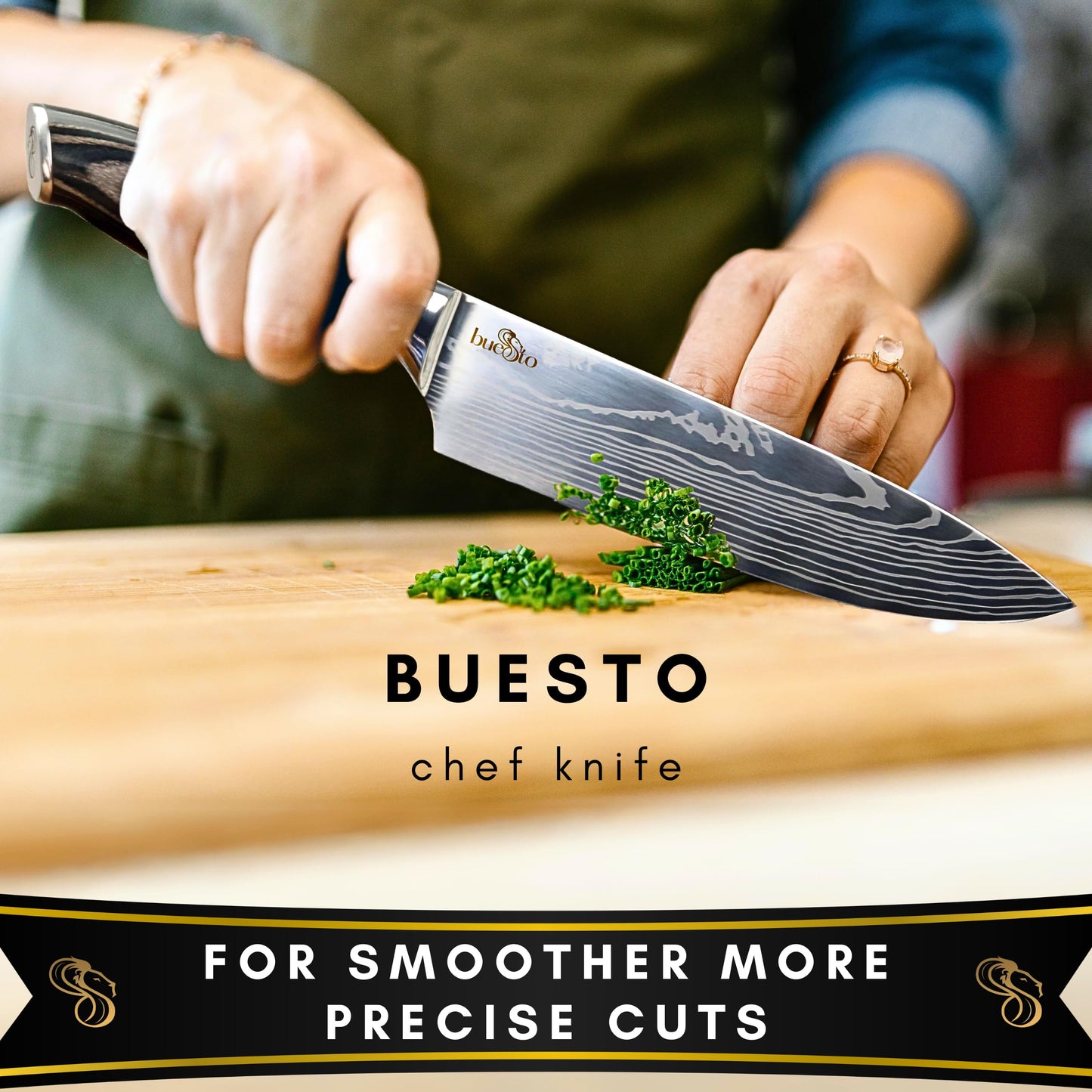 BUESTO Chef Knife and 3-Stage Knife Sharpener - 8 inch Ultra Sharp Kitchen Knife - High Carbon Stainless Steel Chefs Knife - Long Lasting Japanese Knife - Ergonomic Pakkawood Handle - Chef Gifts