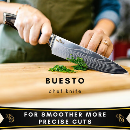 BUESTO Chef Knife and 3-Stage Knife Sharpener - 8 inch Ultra Sharp Kitchen Knife - High Carbon Stainless Steel Chefs Knife - Long Lasting Japanese Knife - Ergonomic Pakkawood Handle - Chef Gifts