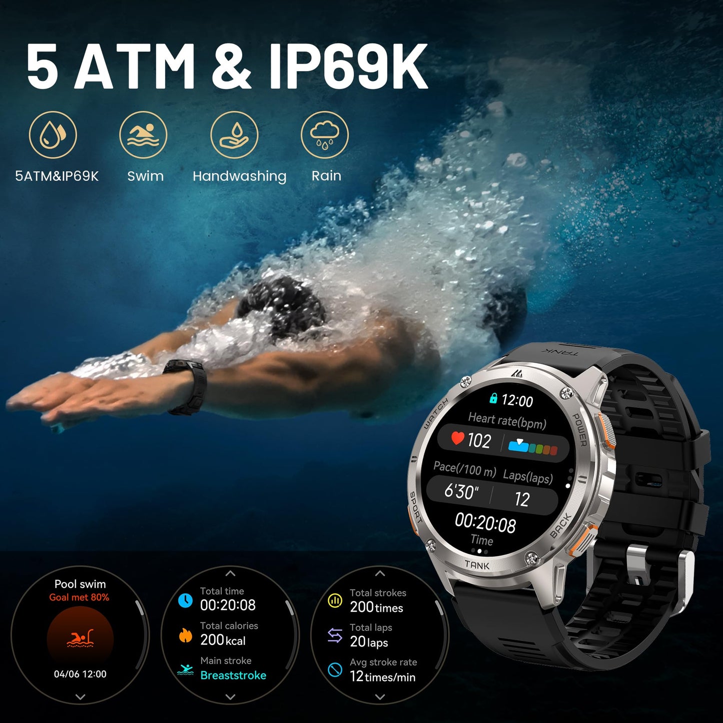 - KOSPET Smart Watch for Men | 60 Days Extra-Long Battery | 5ATM IP69K Waterproof for Swimming | Rugged Military Full Metal Body Smartwatch -