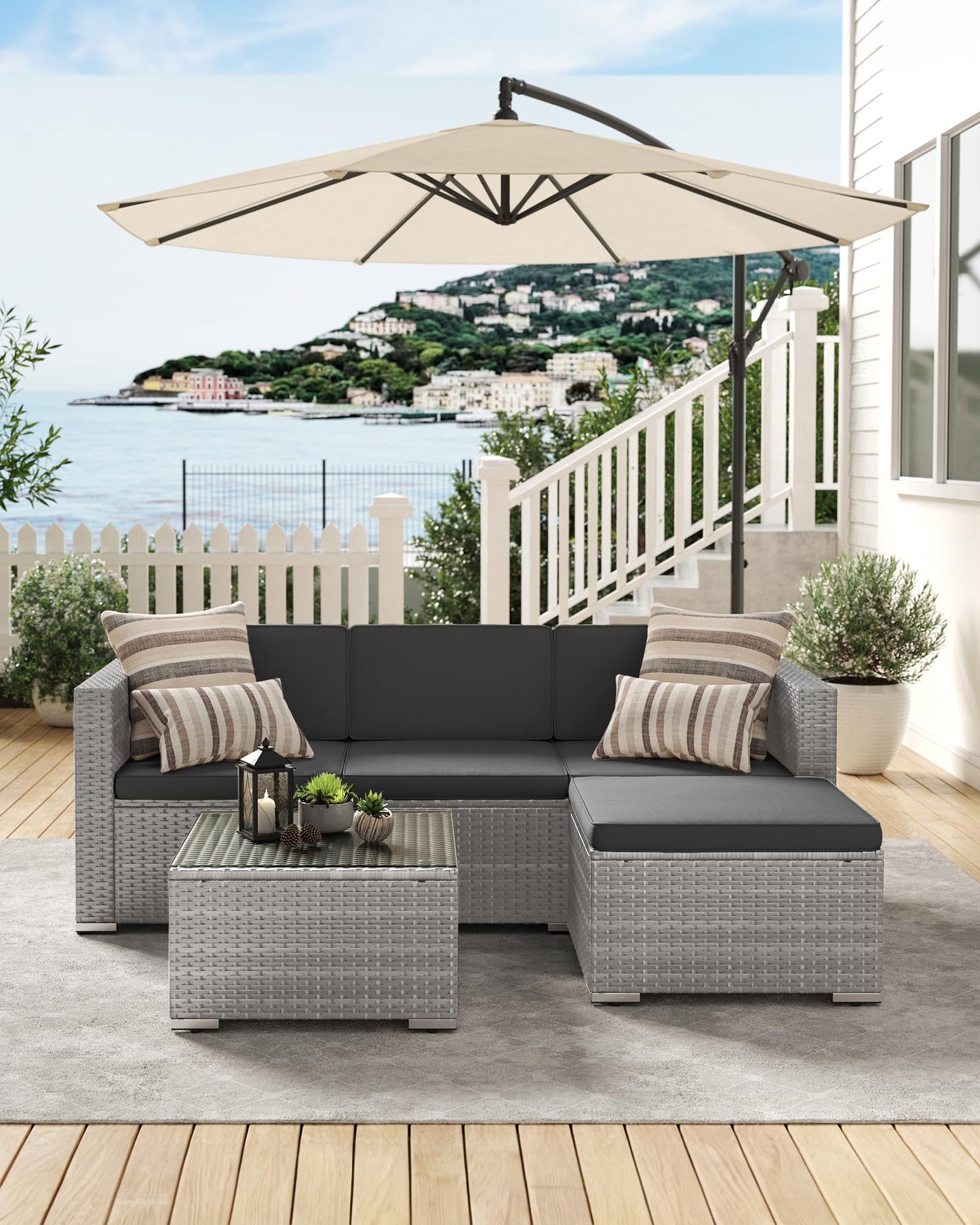 - SONGMICS Garden Furniture Set | PE Rattan Patio Furniture Set | Outdoor Corner Sofa Couch | Comes With Cushions and Glass Table | Grey GGF005G55 -