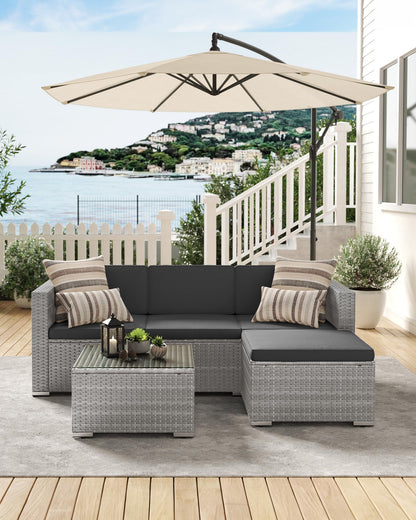 - SONGMICS Garden Furniture Set | PE Rattan Patio Furniture Set | Outdoor Corner Sofa Couch | Comes With Cushions and Glass Table | Grey GGF005G55 -