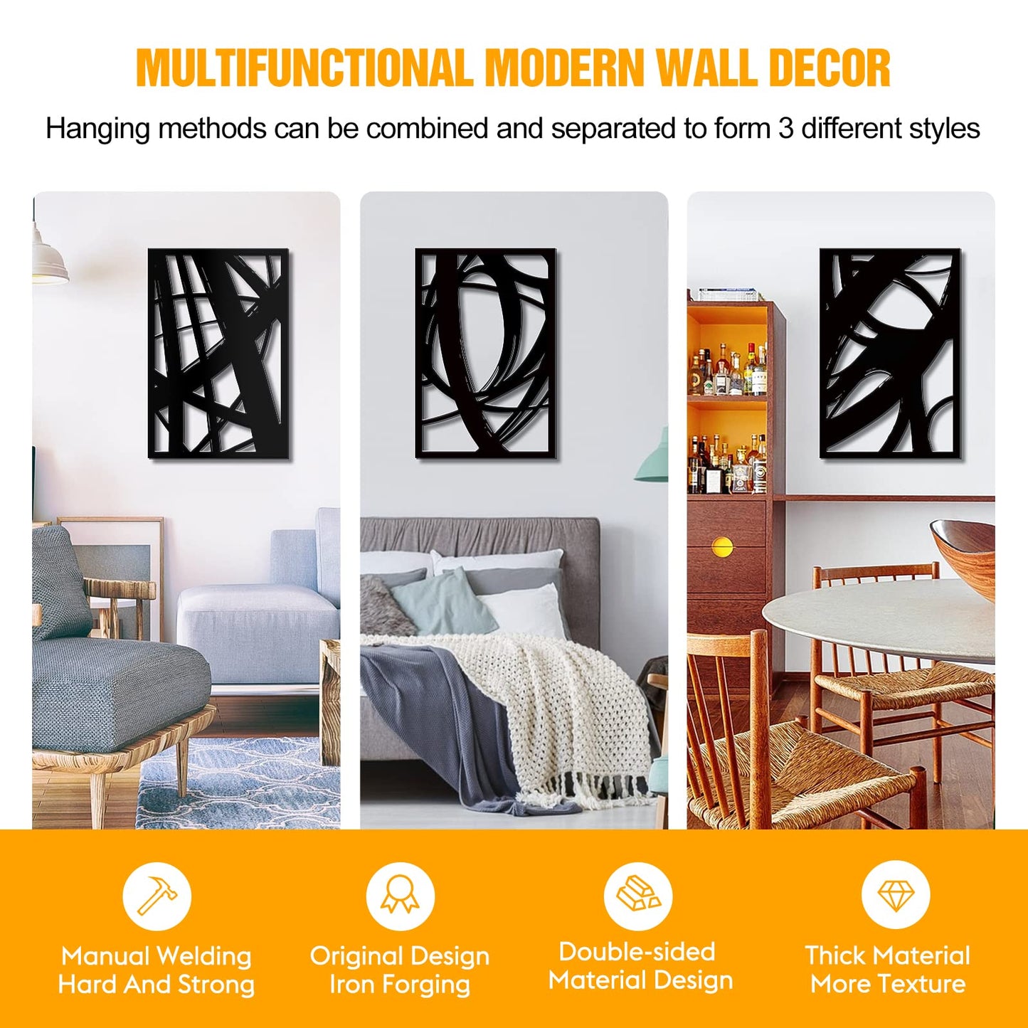 - WINUSD 3PCS 18 * 12in Abstract Black Metal Wall Art