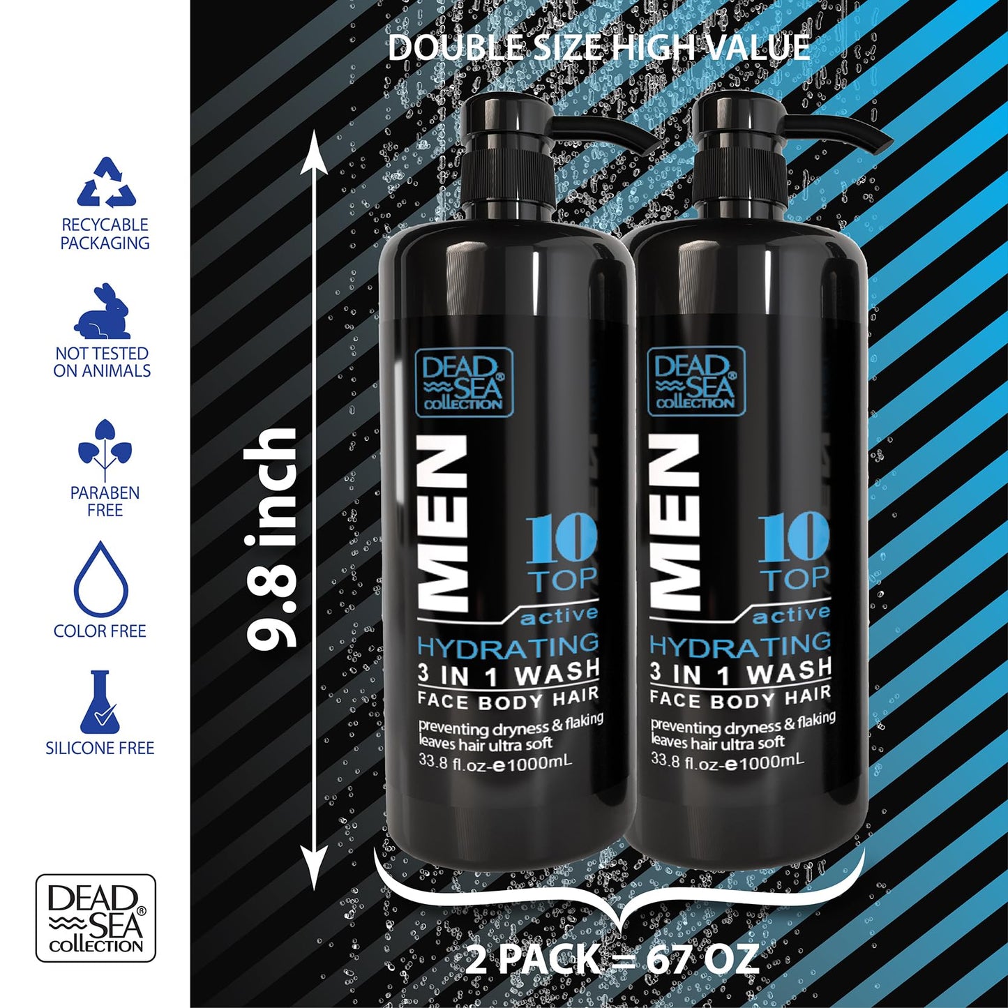 Dead Sea Collection 3 in 1 Mens Shower Gel Top 10 - Body Wash, Shampoo for Men, Face Wash - Pack of 2 (1000 ml. Each)