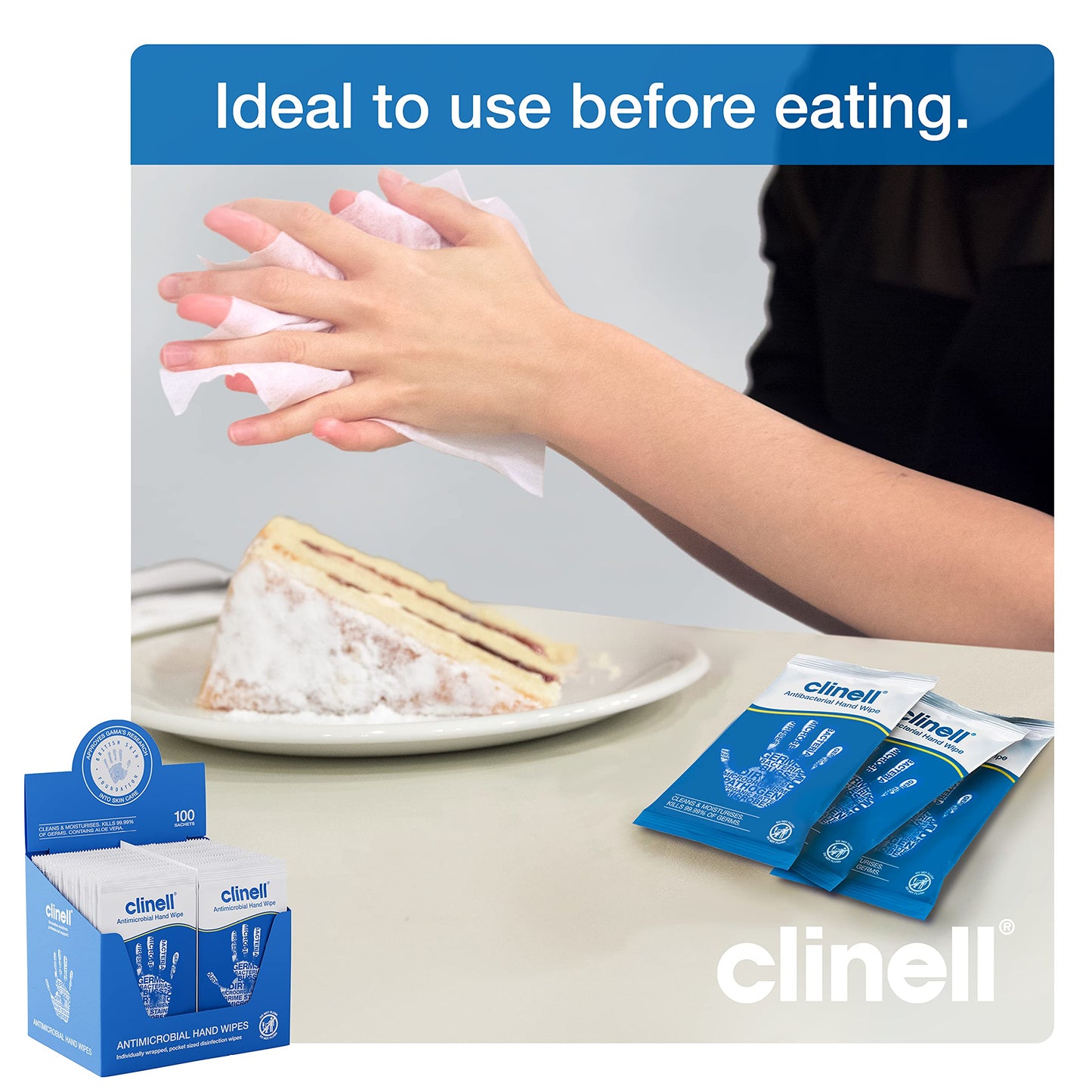 Clinell Antimicrobial Hand Wipes - Pack of 100 Individually Wrapped Sachets - Sanitising Wipes, Ideal for Travel - Dermatologically Tested, Kills 99.99% of Germs