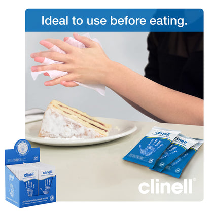 Clinell Antimicrobial Hand Wipes - Pack of 100 Individually Wrapped Sachets - Sanitising Wipes, Ideal for Travel - Dermatologically Tested, Kills 99.99% of Germs