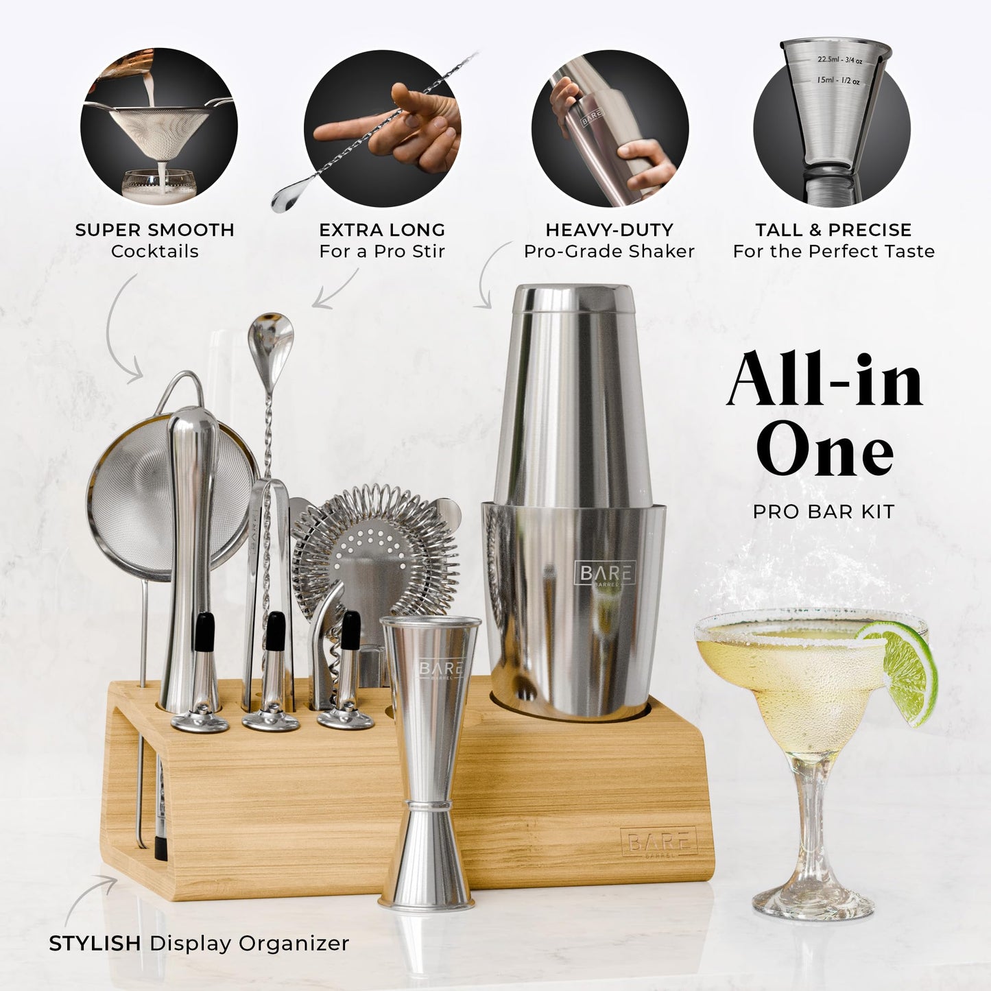 BARE BARREL® Cocktail Making Kit | 14-Piece Bartender Kit Cocktail Shaker Set Maker | Bamboo Display Stand & 35 Recipe Cards | Mixology Cocktail Gift Set (800ml/28oz Boston Shaker, Silver)